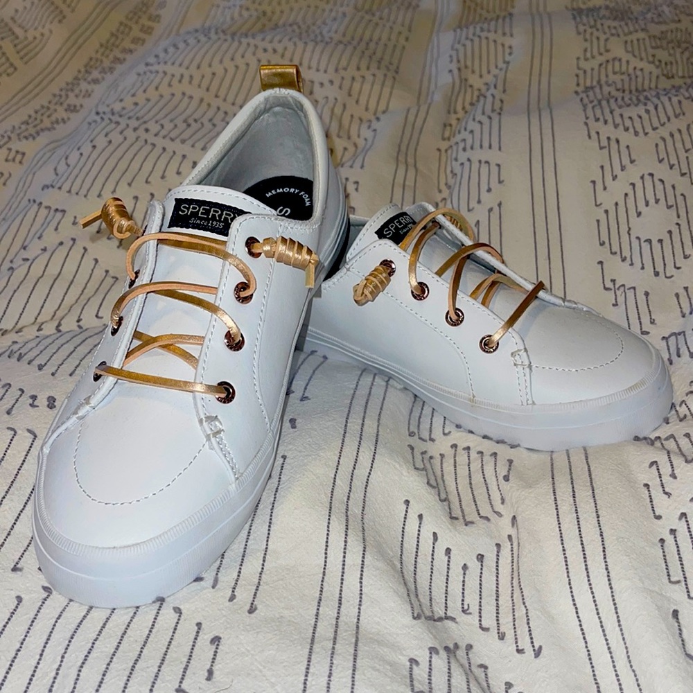 NWOT White Sperrys with Rose Gold Laces